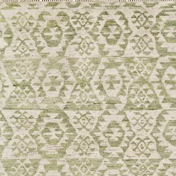 6' X 9' Green and Ivory Wool Southwestern Hand Knotted Area Rug