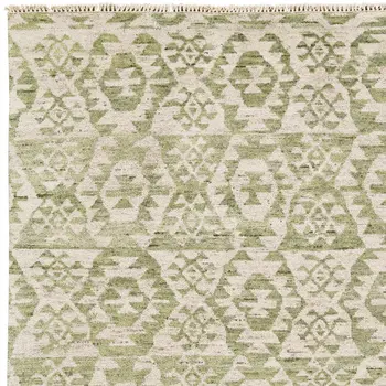 6' X 9' Green and Ivory Wool Southwestern Hand Knotted Area Rug