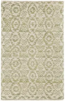 8' X 10' Green and Ivory Wool Southwestern Hand Knotted Area Rug