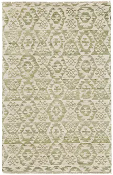 8' X 10' Green and Ivory Wool Southwestern Hand Knotted Area Rug