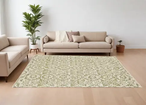 8' X 12' Green and Ivory Wool Southwestern Hand Knotted Area Rug