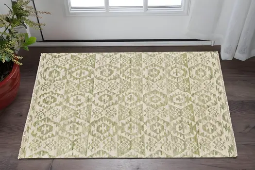 2' X 3' Green and Ivory Wool Southwestern Hand Knotted Area Rug