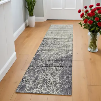 8' Ivory Gray and Green Abstract Power Loom Runner Rug