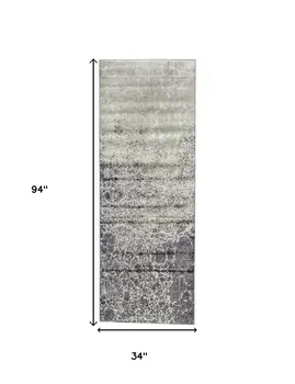 8' Ivory Gray and Green Abstract Power Loom Runner Rug