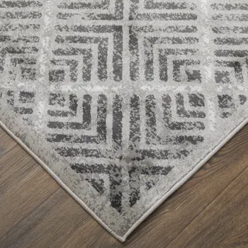 8' X 11' Gray and Black Geometric Power Loom Worn Faded Area Rug