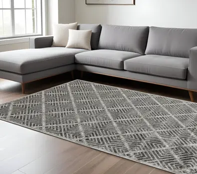 8' X 11' Gray and Black Geometric Power Loom Worn Faded Area Rug