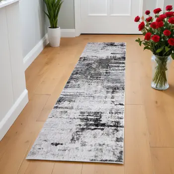 8' Gray Ivory and Taupe Abstract Power Loom Worn Faded Runner Rug