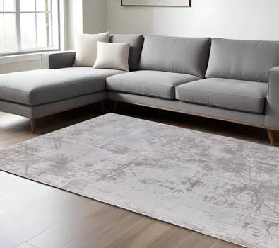 10' X 13' Taupe and Ivory Abstract Power Loom Worn Faded Area Rug