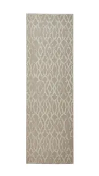 8' Tan and Ivory Geometric Power Loom Worn Faded Runner Rug
