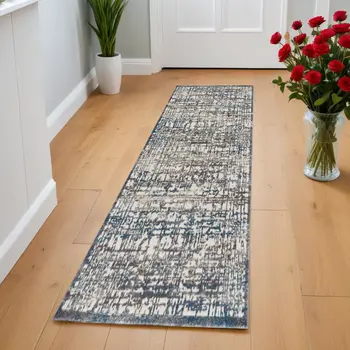 8' Gray Ivory and Blue Abstract Power Loom Runner Rug