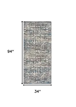 8' Gray Ivory and Blue Abstract Power Loom Runner Rug