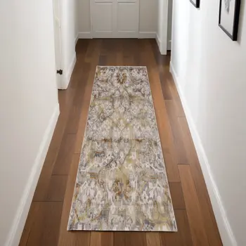 8' Gray Yellow and Ivory Floral Power Loom Worn Faded Runner Rug