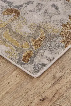 8' Gray Yellow and Ivory Floral Power Loom Worn Faded Runner Rug
