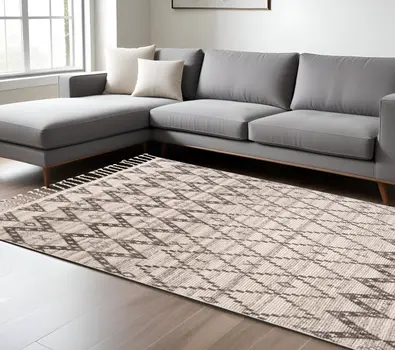 9' X 13' Taupe and Ivory Wool Geometric Hand Knotted Area Rug
