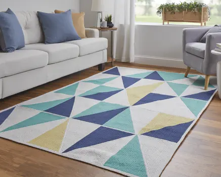 5' X 8' Blue Ivory and Yellow Geometric Power Loom Area Rug