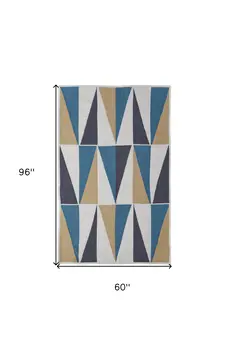 5' X 8' Blue Ivory and Gold Geometric Power Loom Area Rug