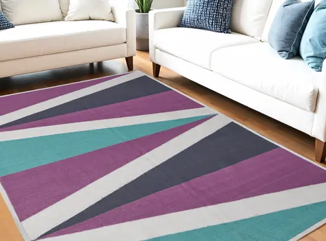 5' X 8' Ivory Purple and Green Geometric Power Loom Area Rug