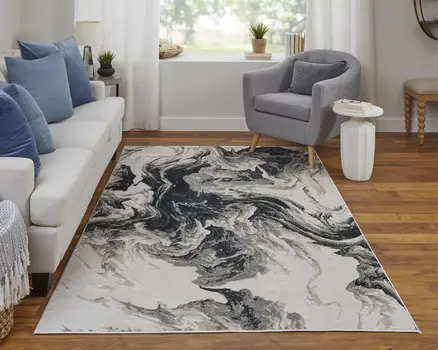 7' X 10' Ivory Black and Taupe Abstract Power Loom Area Rug