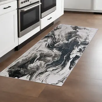 8' Ivory Black and Taupe Abstract Power Loom Runner Rug