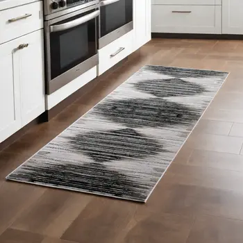 8' Black and Silver Geometric Power Loom Runner Rug