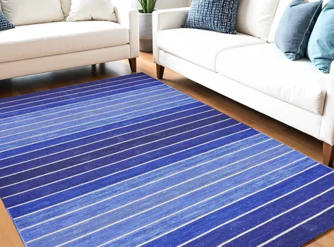 5' X 8' Blue Wool Striped Hand Woven Area Rug