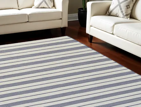 10' X 14' Ivory and Blue Striped Hand Woven Area Rug