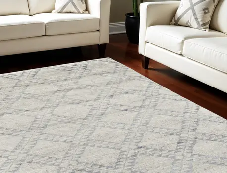 8' X 10' Gray and Ivory Geometric Hand Knotted Worn Faded Area Rug