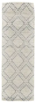 8' Gray and Ivory Geometric Hand Knotted Worn Faded Runner Rug