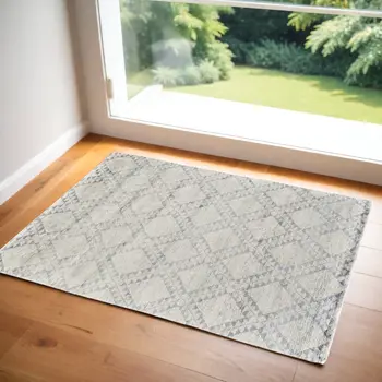 2' X 3' Gray and Ivory Geometric Hand Knotted Worn Faded Area Rug