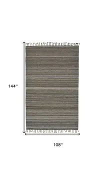 9' X 12' Gray and Green Wool Striped Hand Woven Area Rug With Fringe