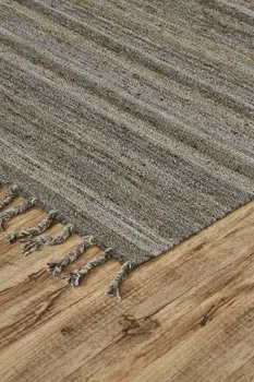 9' X 12' Gray and Green Wool Striped Hand Woven Area Rug With Fringe