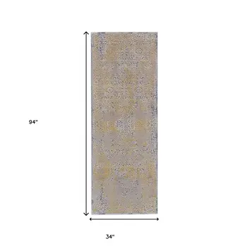 8' Gray and Gold Oriental Power Loom Worn Faded Runner Rug