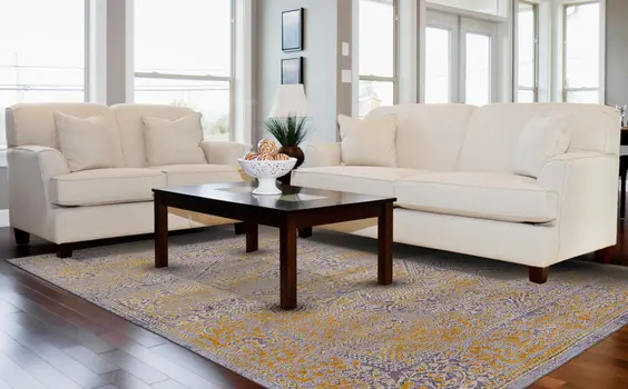 8' Gray and Gold Oriental Power Loom Worn Faded Runner Rug