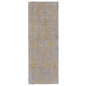 8' Gray and Gold Oriental Power Loom Worn Faded Runner Rug