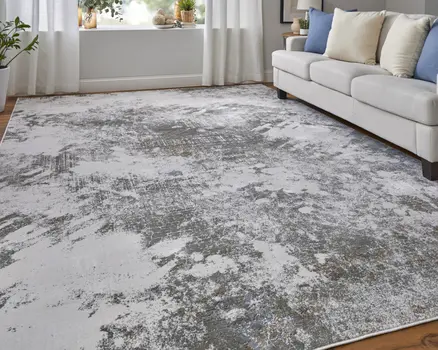 10' X 13' Gray and Silver Abstract Power Loom Worn Faded Area Rug