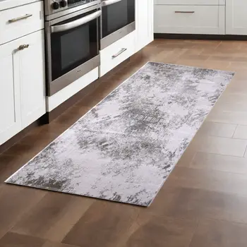 8' Gray and Silver Abstract Power Loom Worn Faded Runner Rug