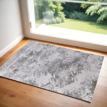 2' X 3' Gray and Silver Abstract Power Loom Worn Faded Area Rug