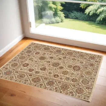 2' X 3' Red Tan and Gold Wool Oriental Hand Knotted Area Rug