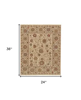 2' X 3' Red Tan and Gold Wool Oriental Hand Knotted Area Rug