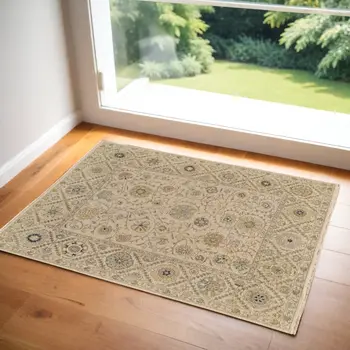 2' X 3' Ivory Blue and Yellow Wool Oriental Hand Knotted Area Rug