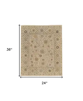 2' X 3' Ivory Blue and Yellow Wool Oriental Hand Knotted Area Rug