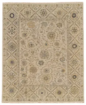 2' X 3' Ivory Blue and Yellow Wool Oriental Hand Knotted Area Rug