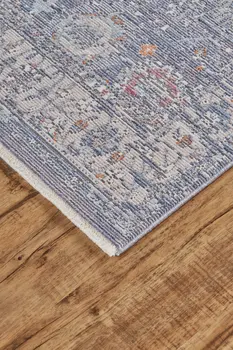 3' X 5' Gray and Blue Floral Power Loom Worn Faded Area Rug With Fringe
