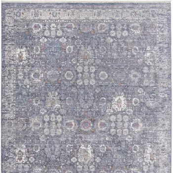 3' X 5' Gray and Blue Floral Power Loom Worn Faded Area Rug With Fringe