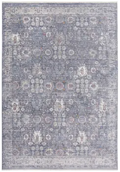 3' X 5' Gray and Blue Floral Power Loom Worn Faded Area Rug With Fringe