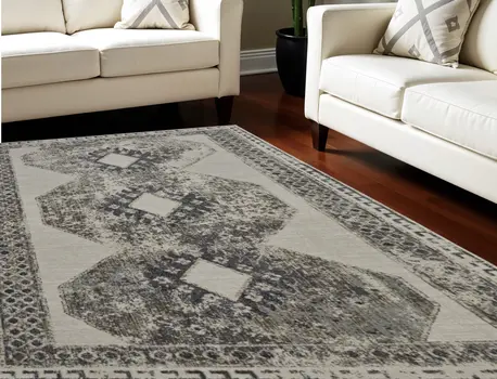 10' X 14' Gray and Ivory Abstract Power Loom Worn Faded Area Rug