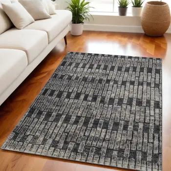 5' X 8' Gray and Black Geometric Power Loom Worn Faded Area Rug