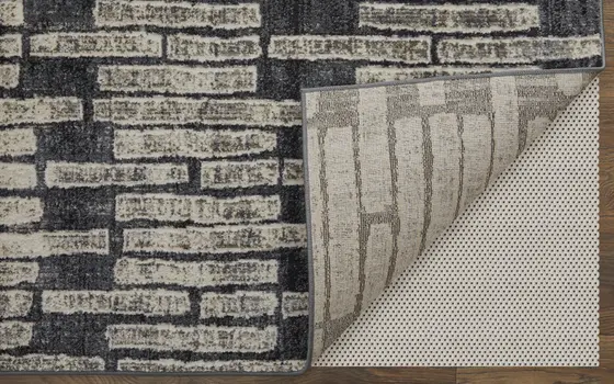 7' X 10' Gray and Black Geometric Power Loom Worn Faded Area Rug