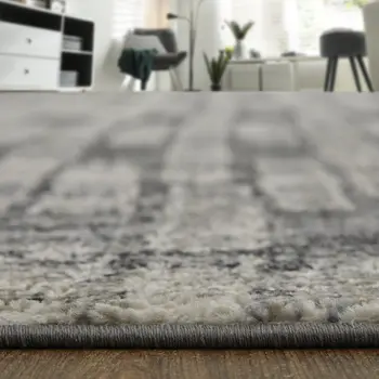 8' X 10' Gray and Black Geometric Power Loom Worn Faded Area Rug