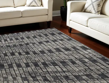 8' X 10' Gray and Black Geometric Power Loom Worn Faded Area Rug